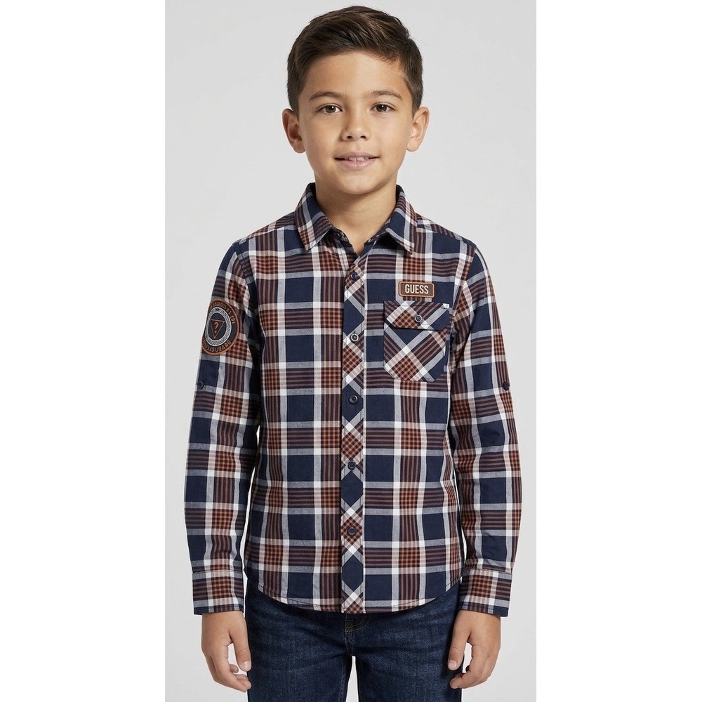 Guess Boys Navy Rust Plaid Flannel Shirt‎ M 10-12 Streetwear Prep Logo Patch